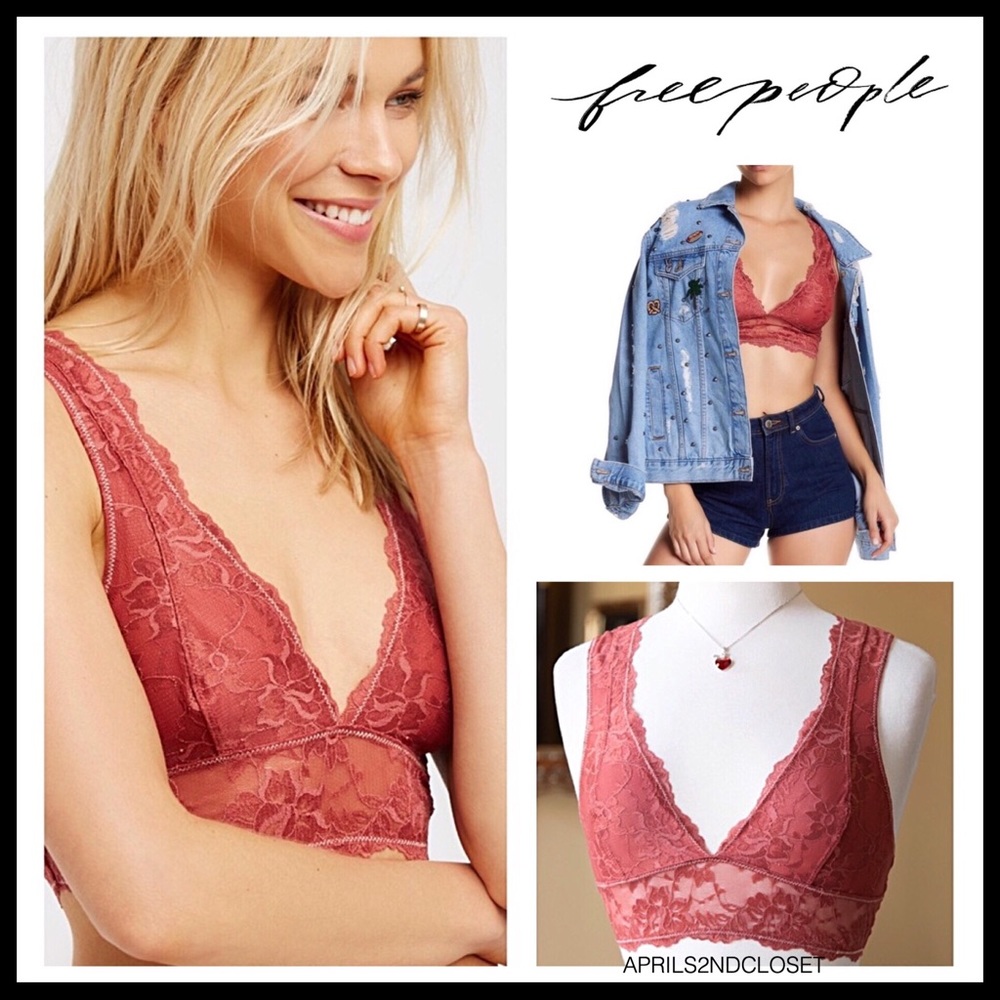 FREE PEOPLE BOHO PLUNGE BRA RED LACE BRALETTE A2C - Picture 1 of 8